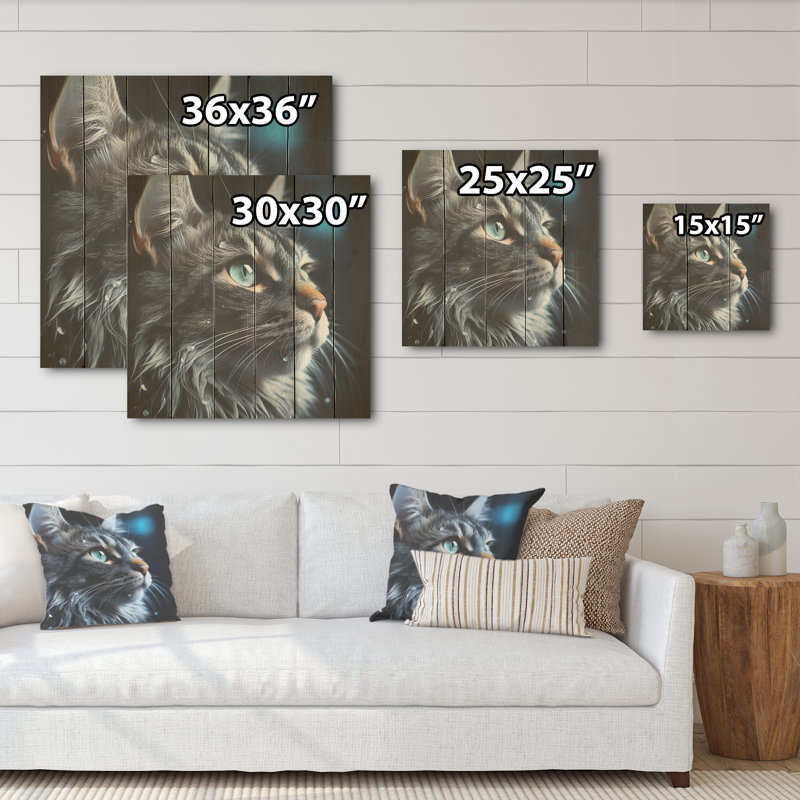 «Cat Blue Eye Reflection I», art mural en bois sur bois de pin naturel, H 25 po x l 25 po
