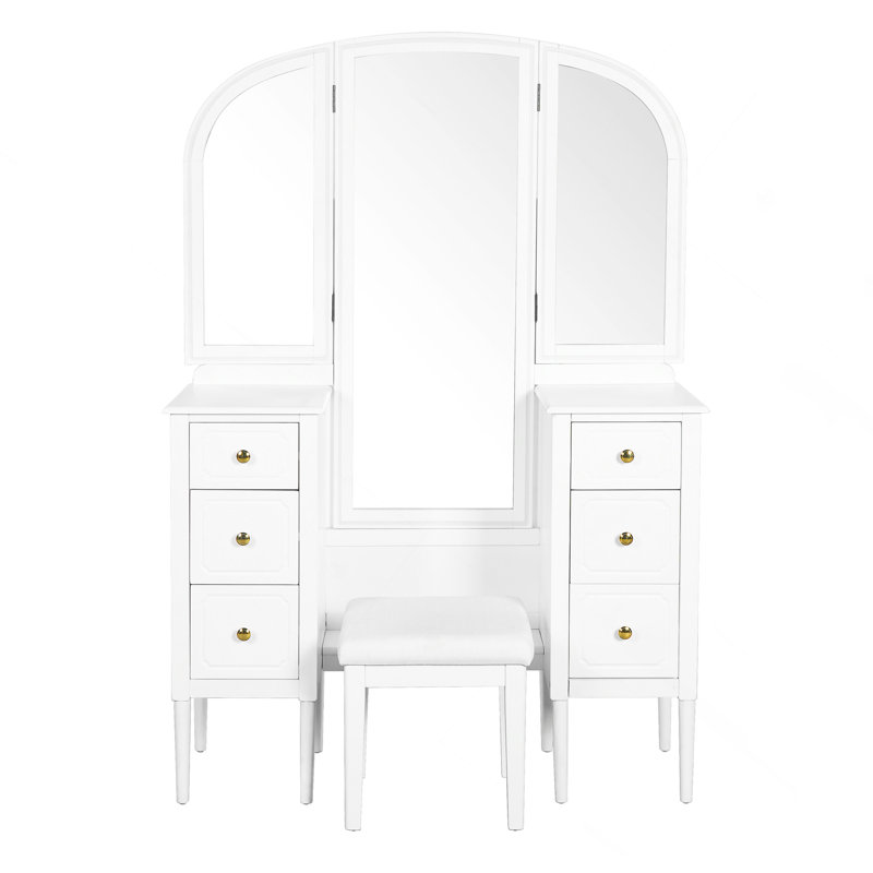 Bureau de coiffeuse antique avec miroir triple, ensemble de coiffeuse à 6 tiroirs avec tabouret, miroir pleine grandeur pour le vestiaire de la chambre à coucher, blanc
