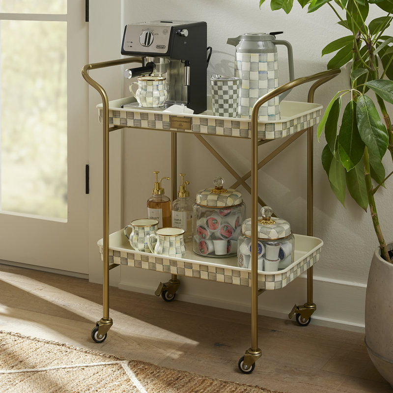 Mocha Check 2-Tier Kitchen Cart, Brass/Gold/White