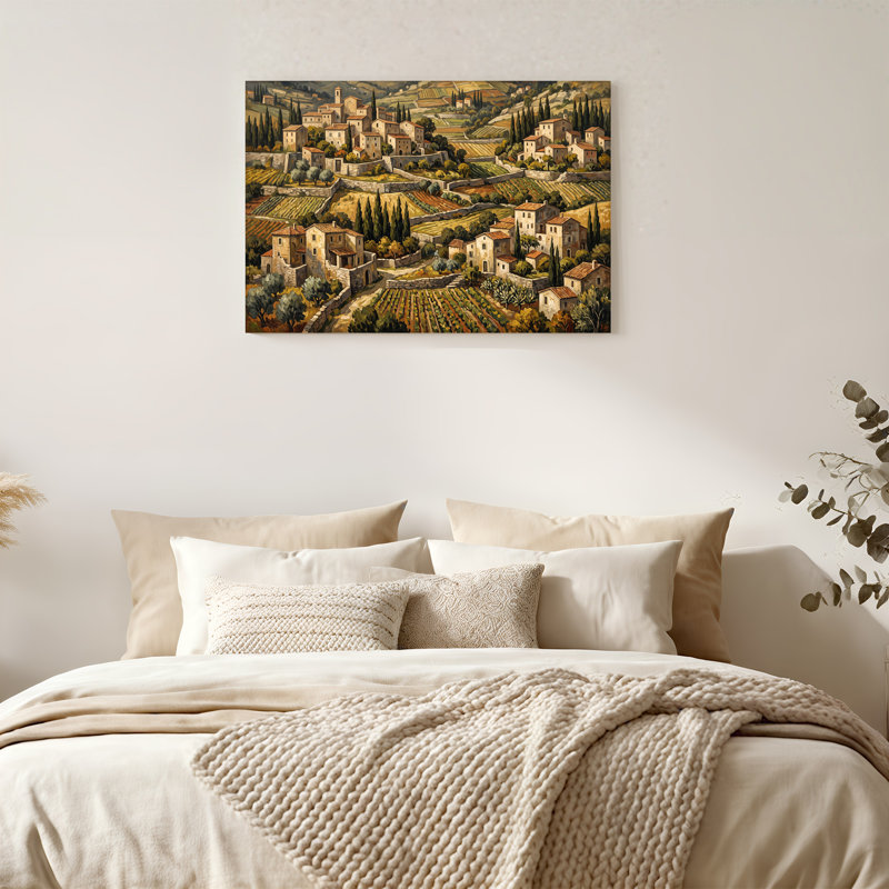 Hillside village avec toits en terre cuite et vignobles sur toile, H 24 po x l 36 po