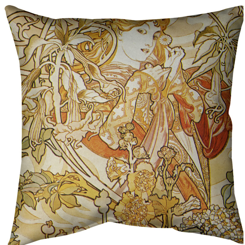 Coussin Alphonse Mucha, 14 po x 14 po, Faux lin