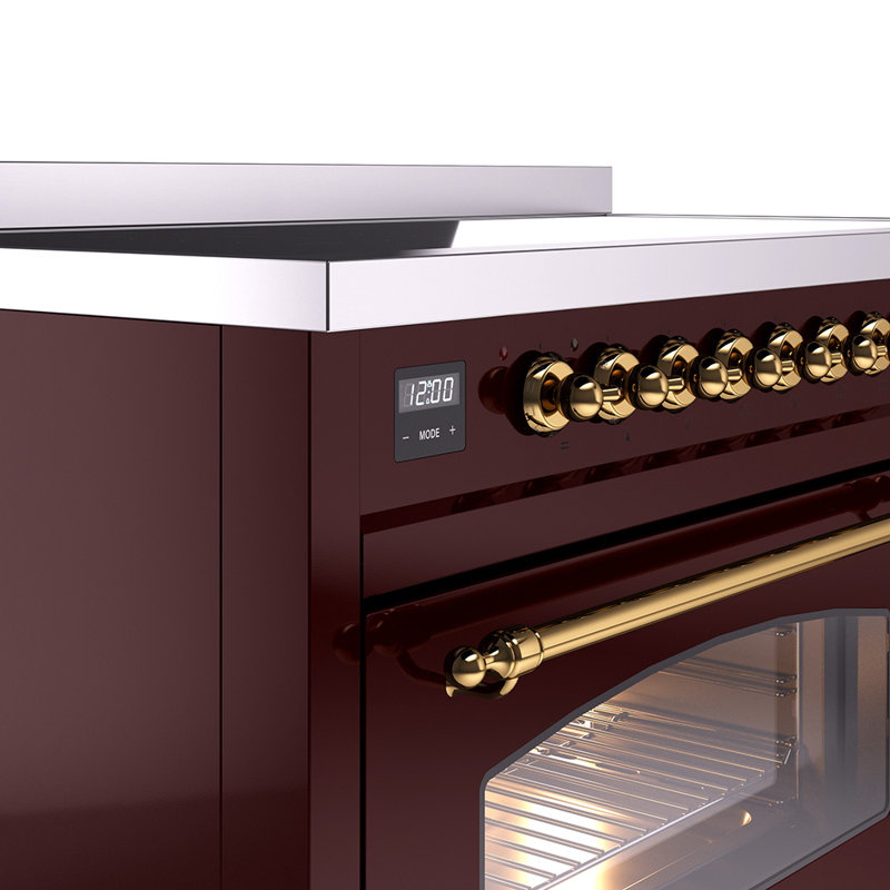 Cuisinière à induction 48 pouces avec 6 éléments à induction ILVE Nostalgie II Series (porte en verre), Bourgogne / laiton