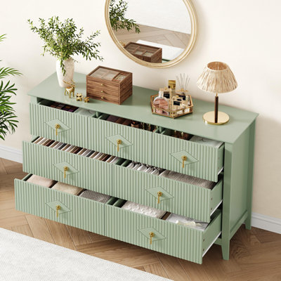Commode 7 tiroirs pour la chambre à coucher, commode en bois l 54 po avec poignées en métal, rangement cannelé pour vêtements, meuble télé commode pour couloir, vert