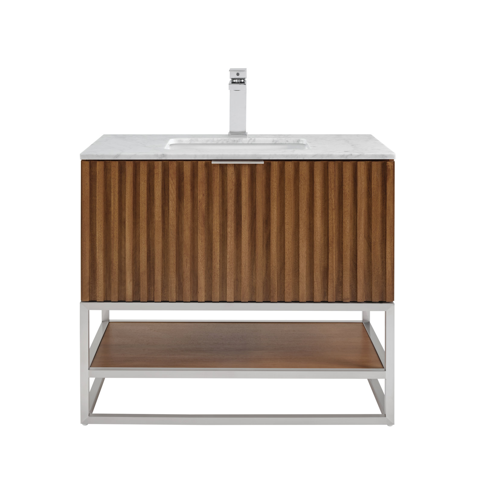 Terra 36'' Single Bathroom Vanity, Carrara Marble/Single Faucet Mount, Walnut, Brushed Nickel