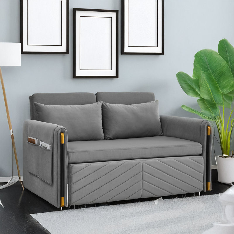 Velvet Multi-position adjustable Sofa with 2 Detachable Arm Pockets, Gray, 33.05" H x 54.05" W x 35.75" D