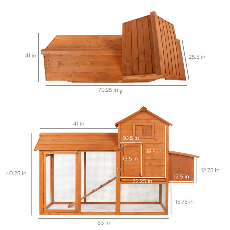 80in Natural Fir Wood Multi-Level Chicken Coop with Wire Fence