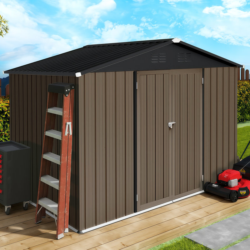 8 pi L 6 pi. D - Remise en métal avec évents en plastique et porte coulissante, remise extérieure en brun et noir (45 pieds carrés)