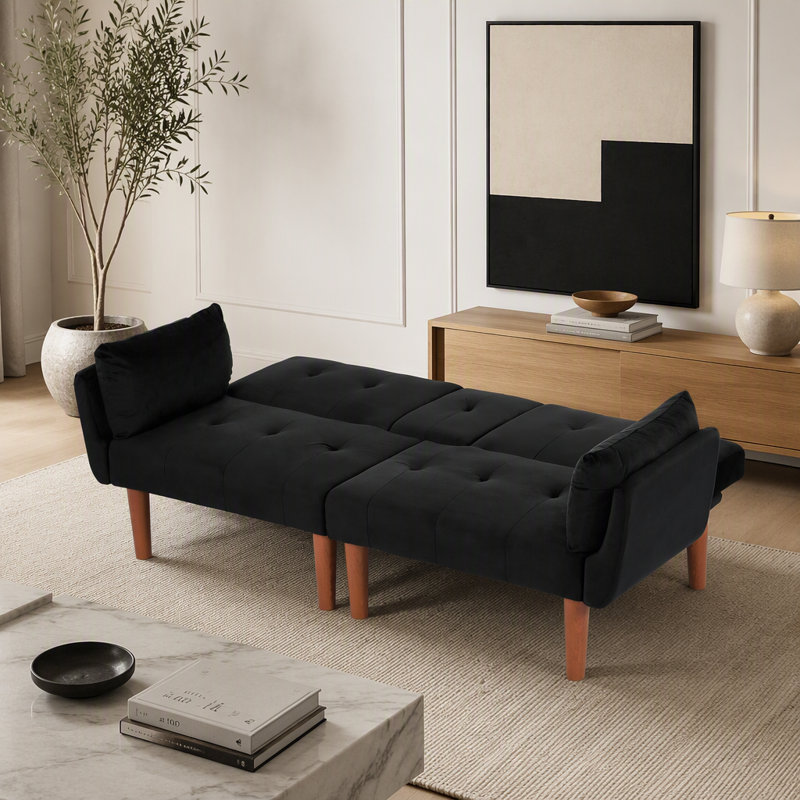 Canapé-lit double pliable noir 72 po, revêtement en velours doux, canapé confortable pour 2 personnes