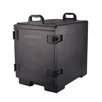 Porte-plats de 16,8 po x 24 po x 25 po, 1 transporteur de nourriture isotherme - pour 5 récipients pleine grandeur, chargement frontal, support à nourriture chaude en plastique noir, poignées intégrées