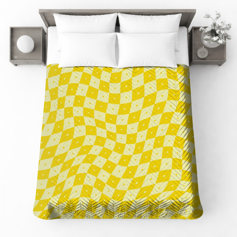 Yellow Wavy Checkerboard Quilted Bedspread All Sizes, Full / Double