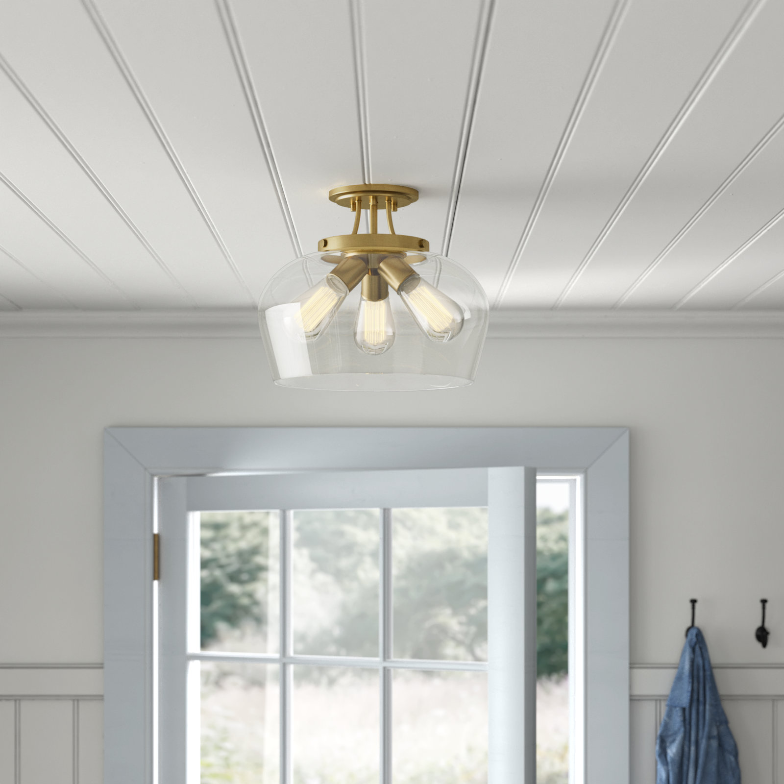 Breena 3-Light Semi Flush Mount, Warm Brass, Clear