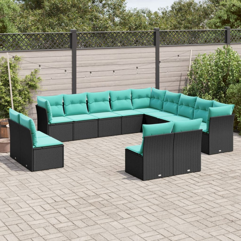 14 Piece Patio Sofa Set With Cushions Gray Poly Rattan, Blue Cushion/Black Frame