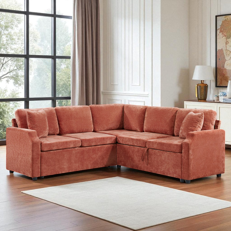 L-Shaped Sectional Sofa Bed With Storage, Orange Chenille