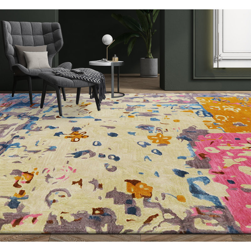 Abstract Area Rug in Pink/White/Purple/Yellow, Rectangle 5' x 8'