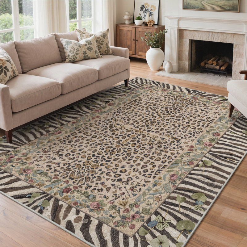 Tapis intérieur brun / vert / beige lavable à la machine avec envers antidérapant Alissa Liora, Rectangle 8' x 10'