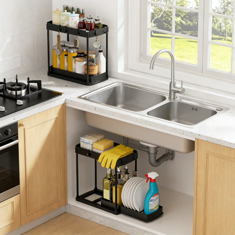 Tiroir escamotable sous le lavabo, étagère de rangement coulissante à 2 niveaux pour la cuisine et la salle de bain, organisateur polyvalent peu encombrant avec construction durable