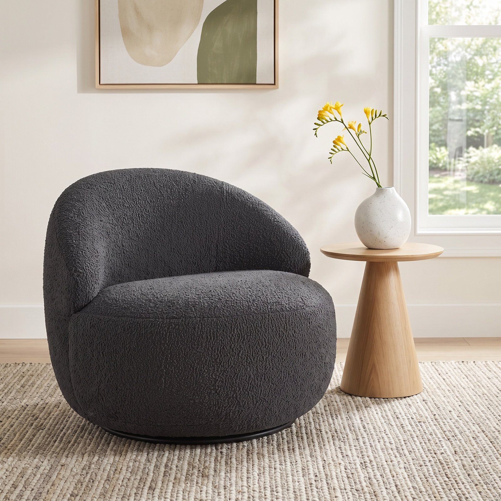 Moriarty Pine Swivel Lounge Chair, Aries Grey Boucle