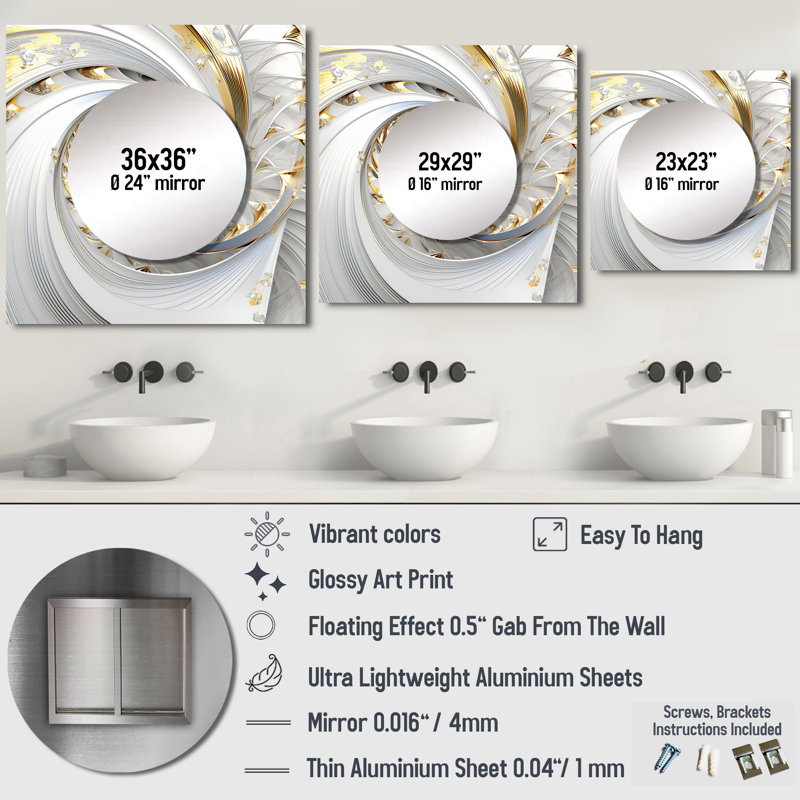 Whirling While Glam Fractals In Gold And White III - Fractals Square Living Room Wall Mirror Art, 36" x 36"