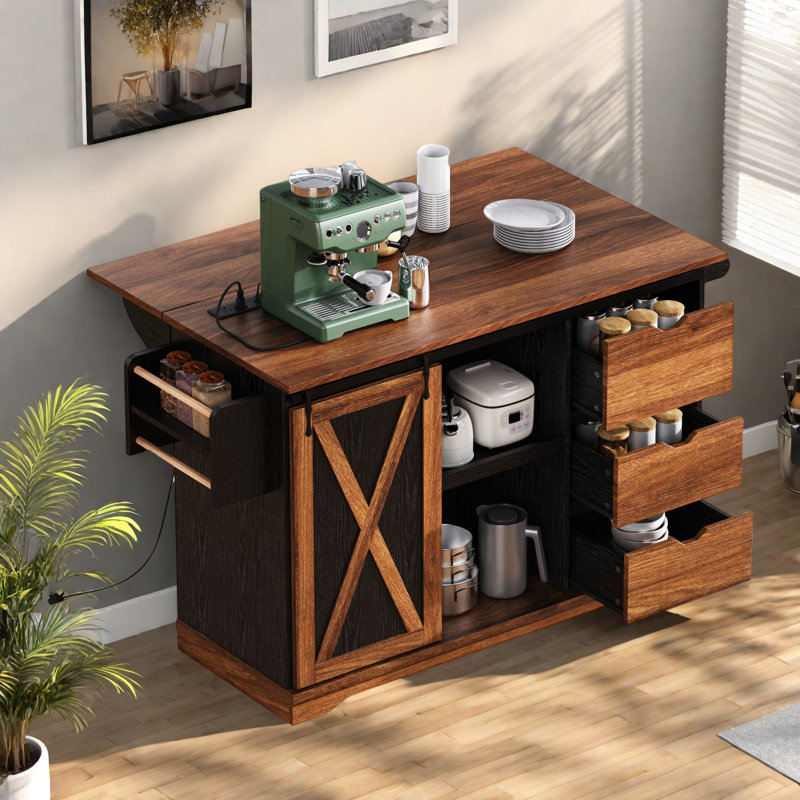 55.5" Wide Kitchen Island With Extendable Tabletop, Black/Brown