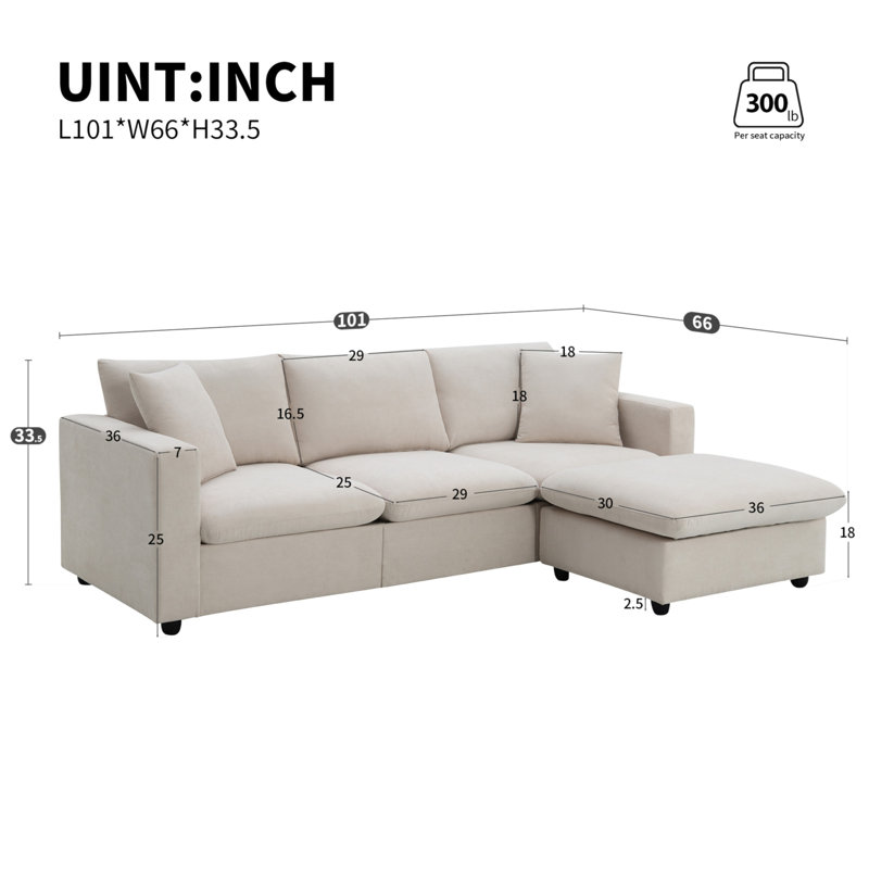 Versatile Polyester Sectional Sofa With Convertible Ottoman For All Spaces, Beige Polyester
