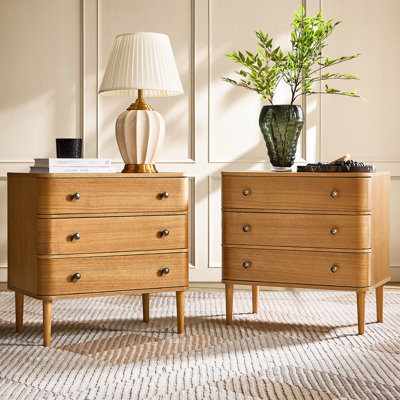 Cridford Modern 26"W 3-Drawer End Table and Curved Body with Solid Wood Legs Built-in Outlet Set of 2