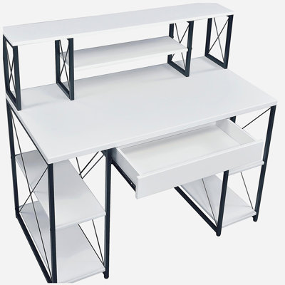 Bureau blanc et noir avec tablettes ouvertes et huche