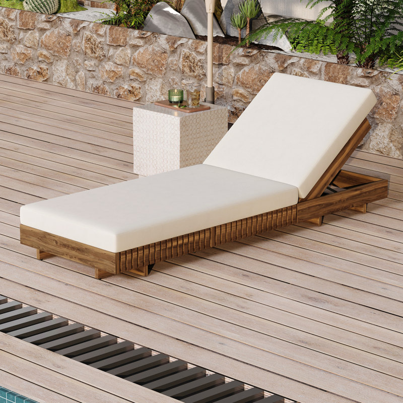 Chaise longue d'extérieur avec dossier réglable à 6 positions, bois d'acacia massif, Crème