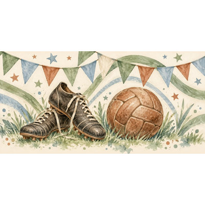 Vintage Soccer Gear Wallpaper Mural, Peel and Stick Kids Room Wall Mural, Watercolor Soccer Nursery Wallpaper