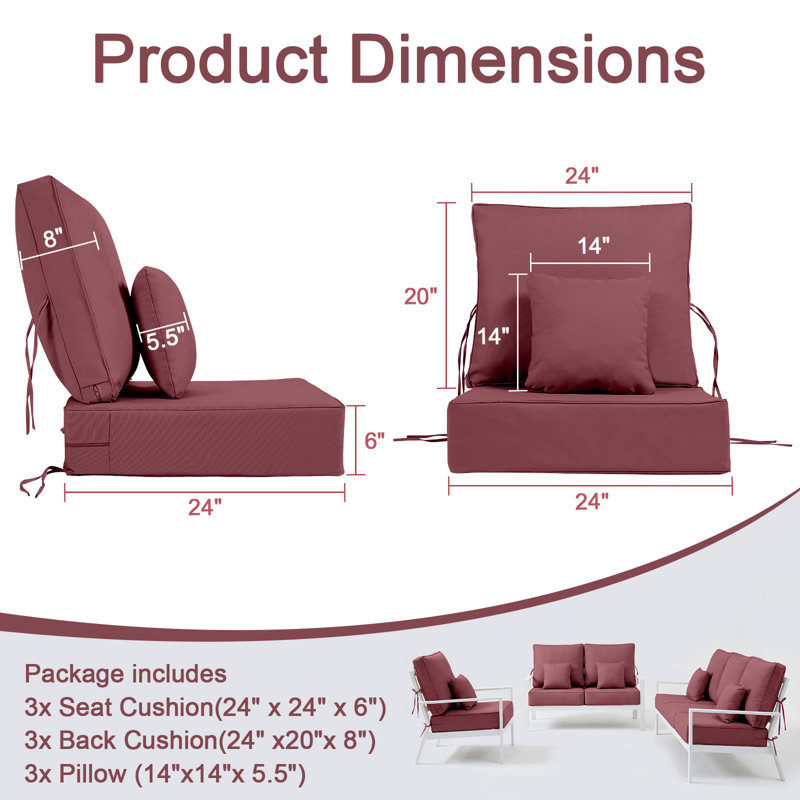 Outdoor Chair Cushions 24 x 24  x 6  Inch, Outdoor Replacement Cushion Set of 3, Back & Seat Patio Cushions for Outdoor Furniture,  Weather Resistant Patio Chair Cushions with Removable Cover and Straps, Red