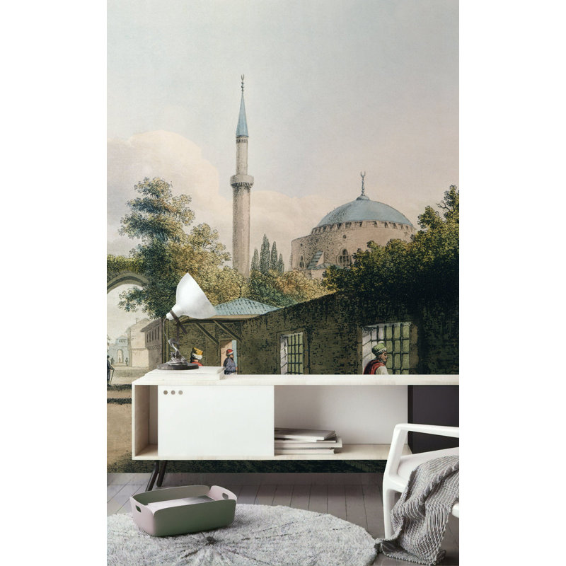 Papier peint amovible art vintage paysage urbain médiéval, L 105,96 po x l 187 po