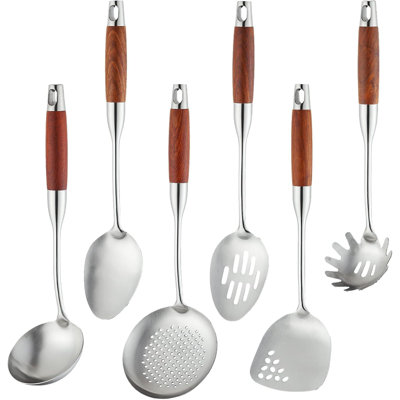 Ensemble d'ustensiles de cuisine 6 pièces en acier inoxydable avec poignée en bois Professional