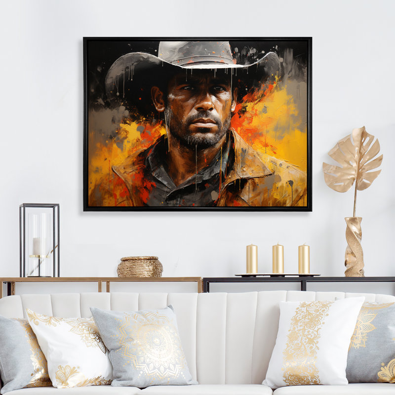 Western Cowboy Pointillism Portrait II - reproduction sur toile, 24" H x 32" W, Cadre flottant noir