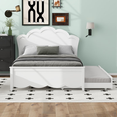 Lit plateforme double en bois avec tête de lit et lit gigogne simple, blanc