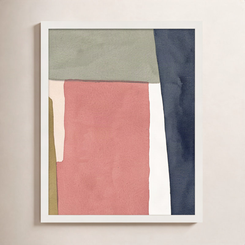 Art mural rose chaud et indigo, H 38 po x l 30 po x P 1,25 po, Papier avec cadre blanc