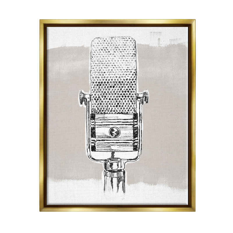 Dessin rétro de musique de microphone par June Erica Vess, H 31 po x l 25 po x P 1,7 po, Cadre flottant métallique doré