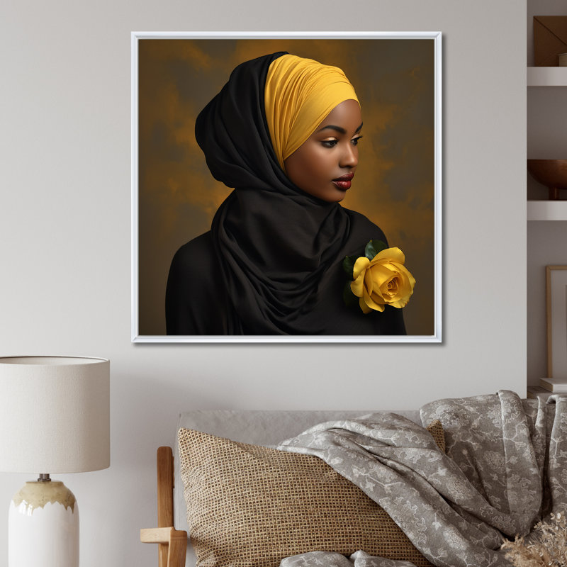 «Tender Bliss Musulman Grace» en jaune et noir I, H 36 po x l 36 po x P 1,5 po, Cadre flottant blanc