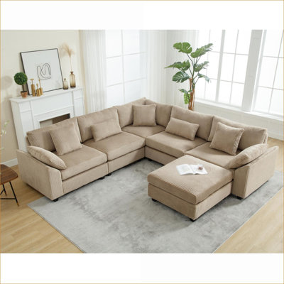 Canapés modulaires | Très grand canapé modulaire en velours côtelé à assise profonde pour 6 personnes, brun clair | Brun | Tissu