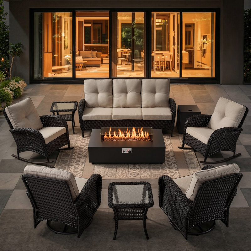 8-Piece Outdoor Wicker Family Gathering Conversation Set With Rocking & Swivel Chairs And Fire Pit Table, Beige, Black