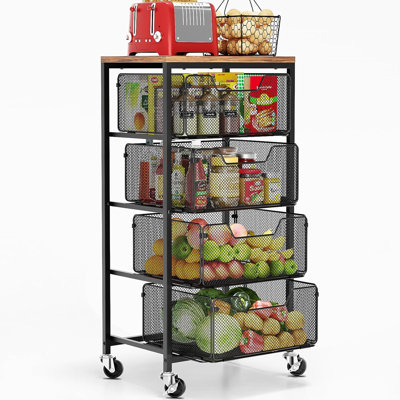 Le chariot de cuisine a des tiroirs. Il s'agit d'un chariot de rangement multi-fonctionnel à 4 couches avec roulettes verrouillables et plateau de table en bois. Il y a un support de rangement pour fruits et légumes noirs, qui peut également être utilisé pour ranger des conserves, des collations et du Handicraf