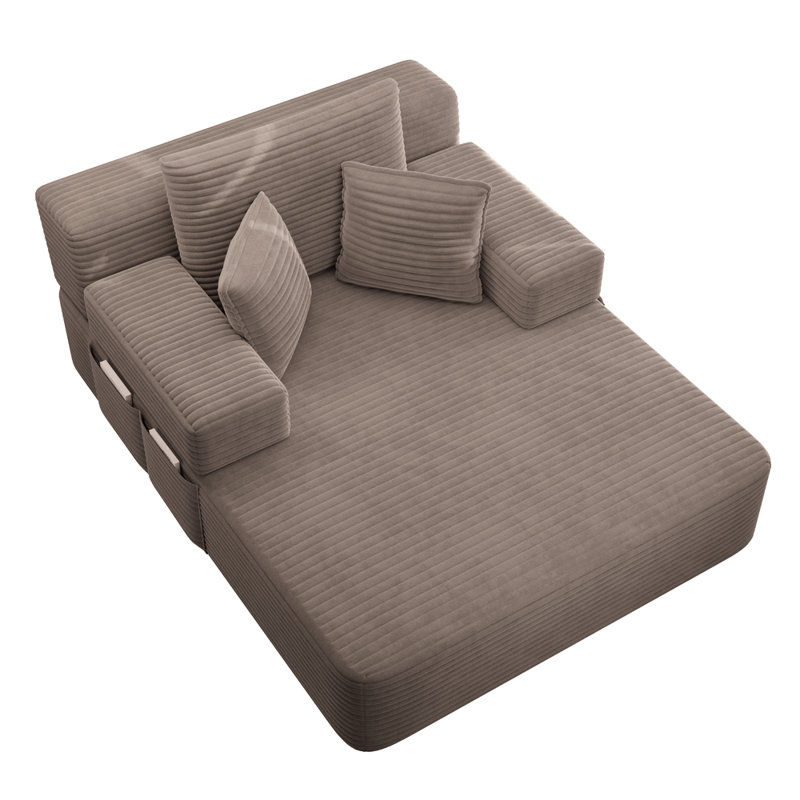 Luxueuse chaise longue en velours côtelé moelleux avec 3 coussins, canapé-lit convertible 2 en 1 et pochette de rangement, conception sans cadre et mousse de compression, aucun assemblage requis, pour les petits espaces, le salon, l’appartement