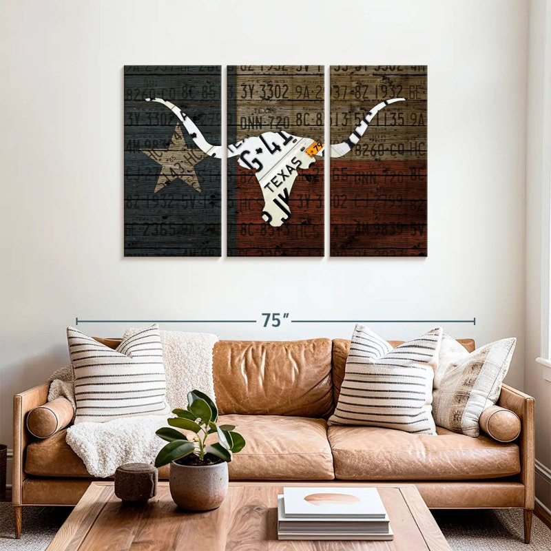 Longhorn Art With Flag, 36" H x 57" W