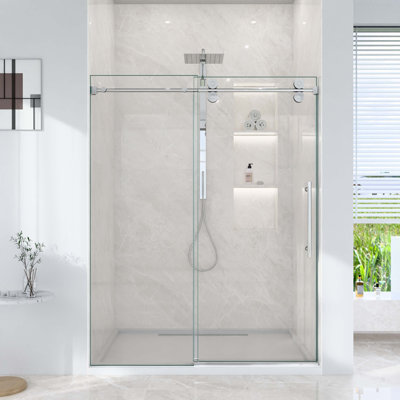 Porte de douche coulissante simple sans cadre de 44 à 48 po x H 76 po - Verre trempé transparent de 5/16 po (8 mm), conception à dérivation