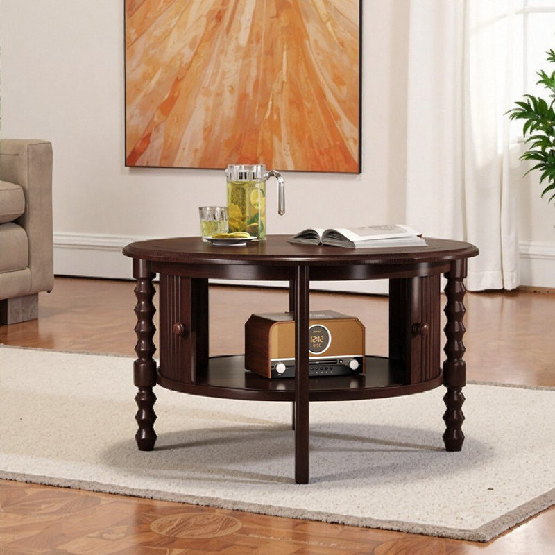 Mid-Century Modern Round Coffee Table with Hidden Storage - 30.3" Walnut Vintage Cocktail Table for Small Spaces, Walnut