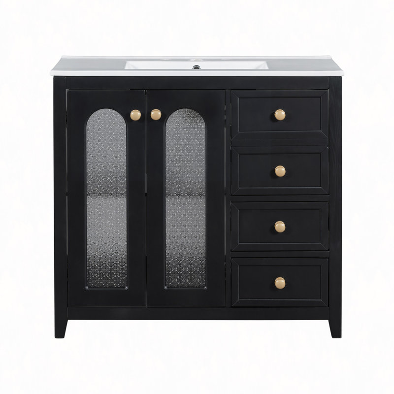 Meuble-lavabo 36 po avec deux portes à fermeture en douceur, tablettes réglables et trois tiroirs, Noir
