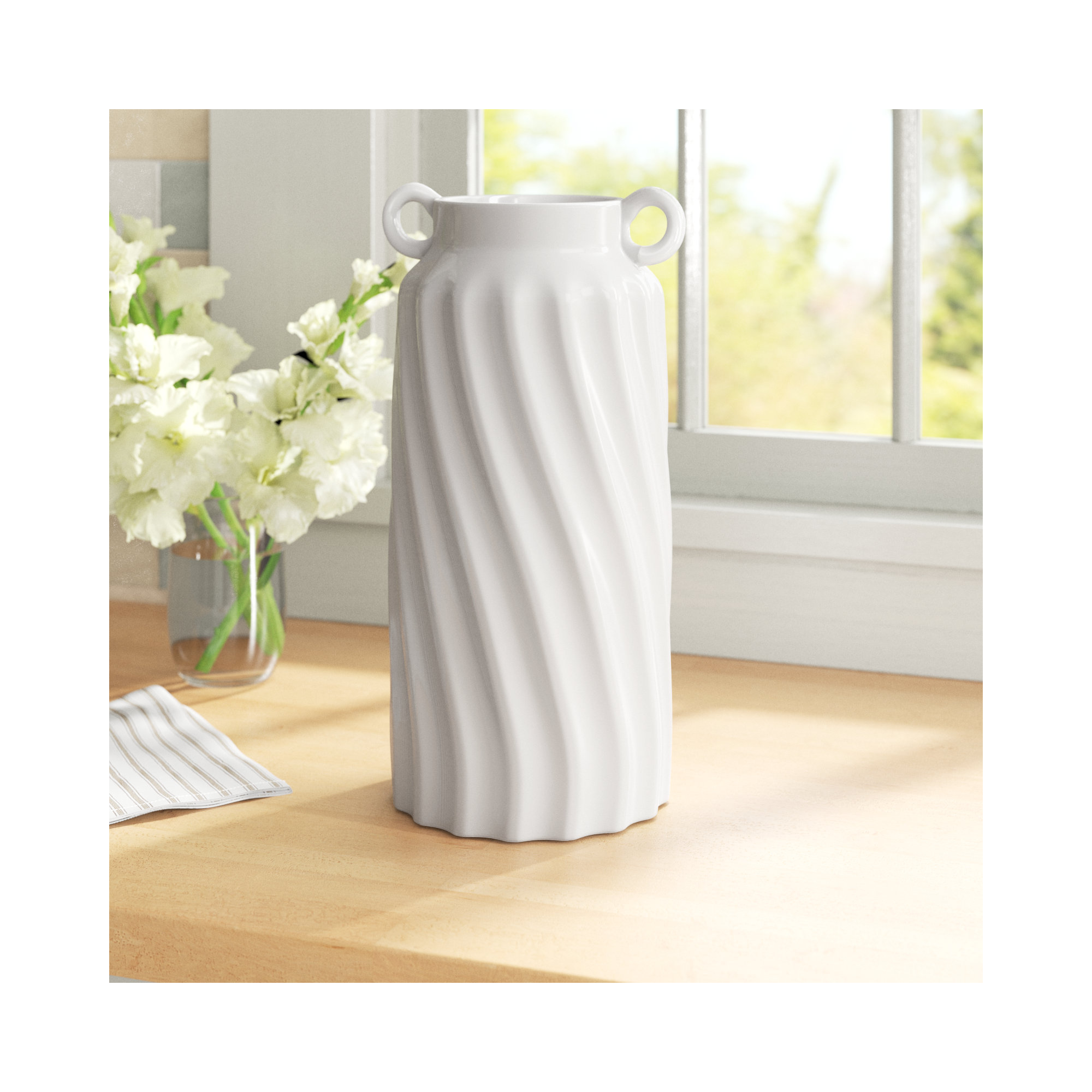 Maza Ellas White Ceramic Grecian-Inspired Fluted Jar Large
