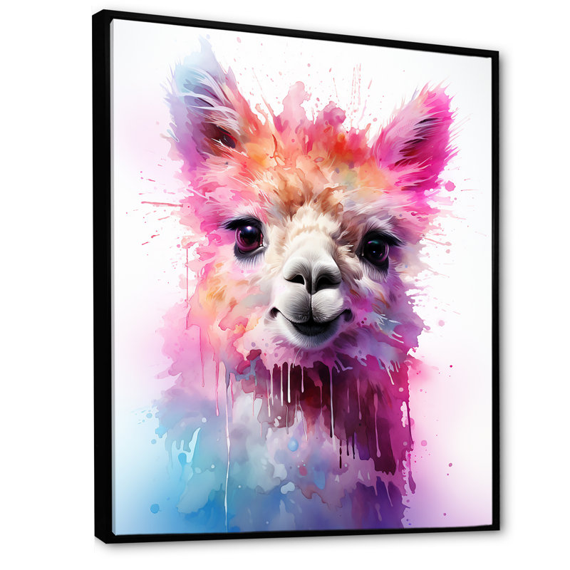 Coloré, enchanté, Popart, alpaga, portrait I - Alpaca, art mural, Cadre flottant noir, H 20 po x l 12 po x P 1 po