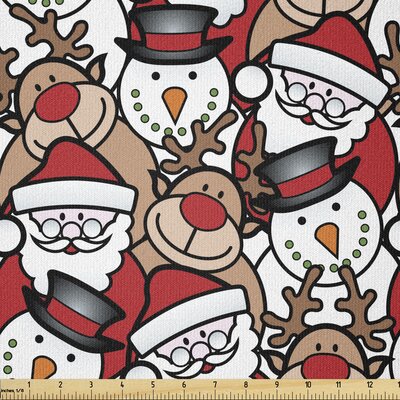 Ambesonne Christmas Fabric By The Yard, Snowman Reindeer Santa Claus Cartoon Image Theme Winter,Square -  East Urban Home, 061FFC1DFBDC47DFAEA911B6C7E99DA3