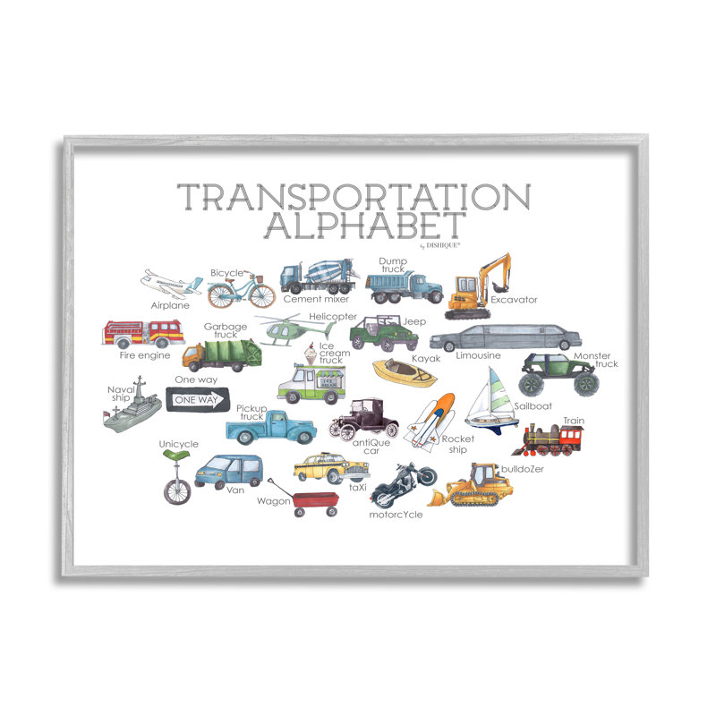 Éducatif, transport, alphabet, enfants, véhicules d'apprentissage, giclée, art texturé par vaisselle
