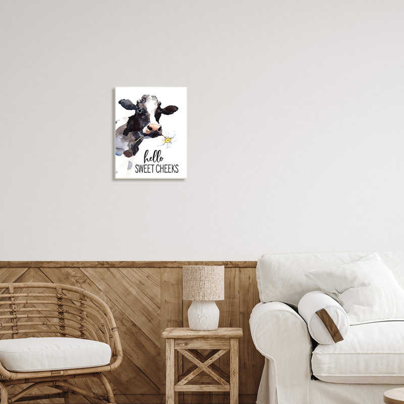 «Hello Sweet Cheek», vache de campagne tenant une fleur, art mural par lettres et lignes, H 19 po x l 13 po x P 0,5 po