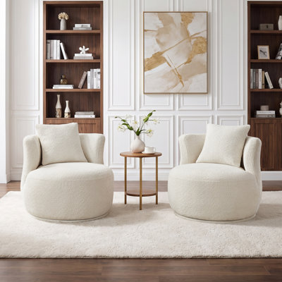 31.89" Boucle Swivel Barrel Chair, 360° Upholstered Accent Chair with Pillow for Bedroom & Apartment（Set Of 2）